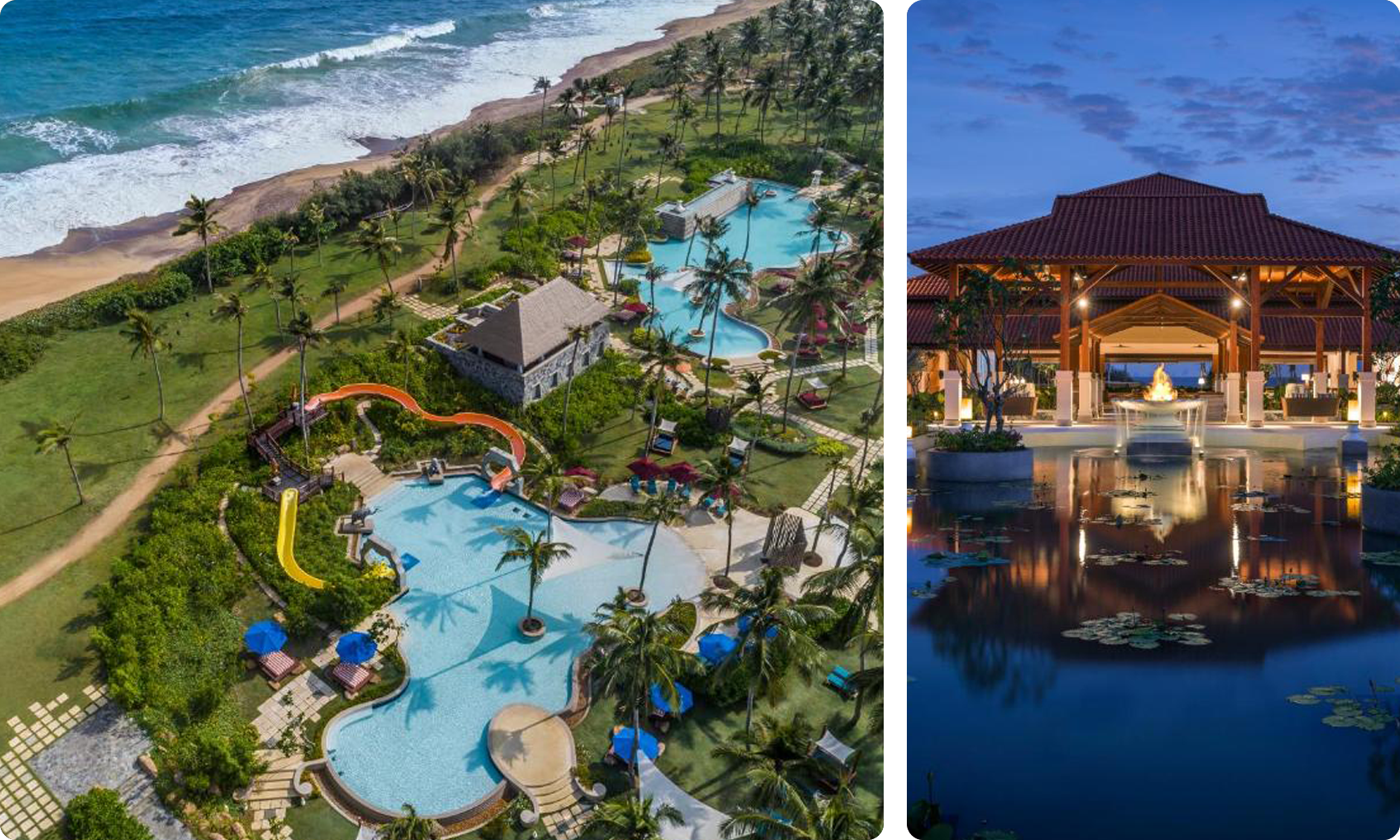 Aerial view of Shangri-La Hambantota Resort with lush greenery, oceanfront, and luxurious facilities in Sri Lanka.